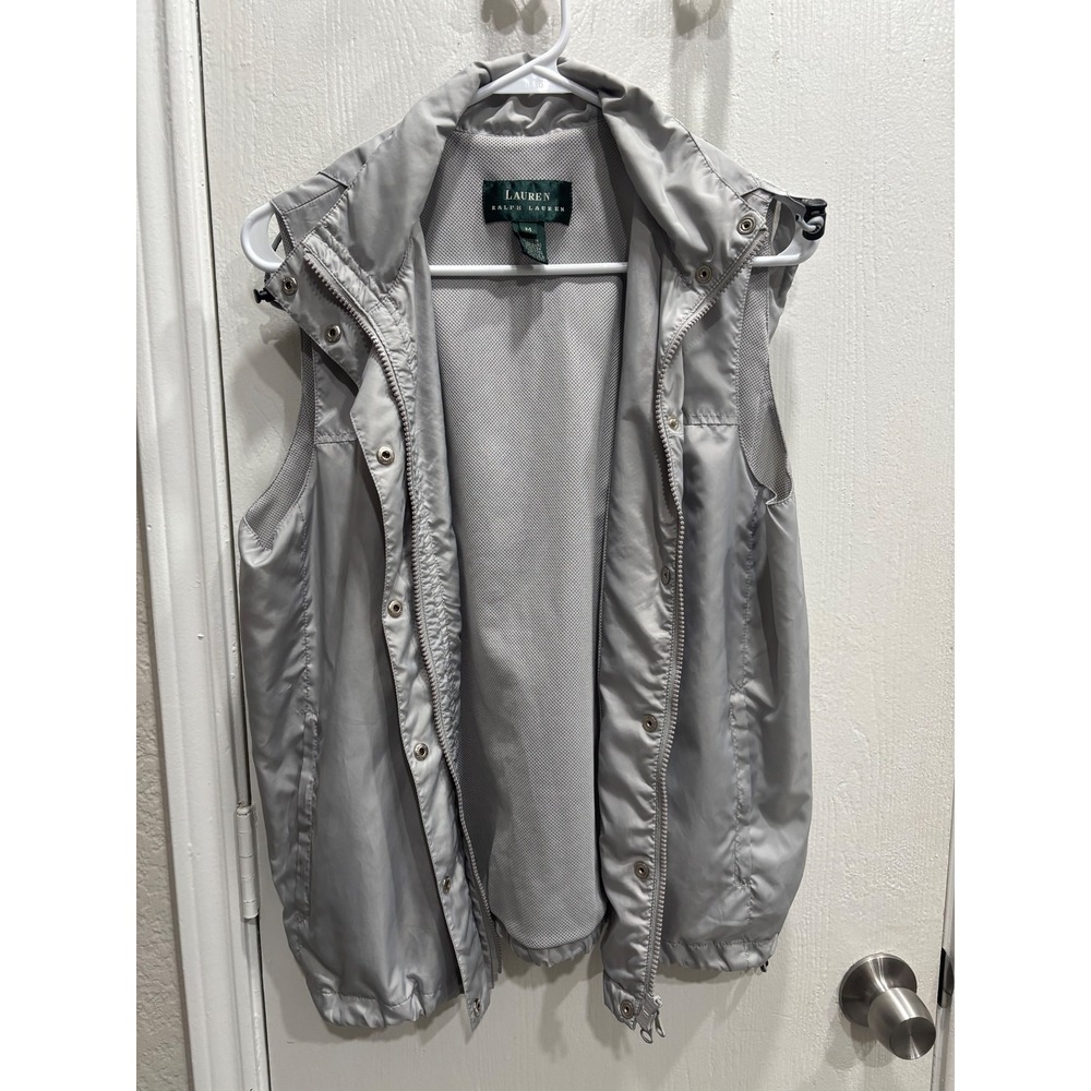 Ralph Lauren Womens Gray Hooded Zip Front Mesh Lined Vest Size M